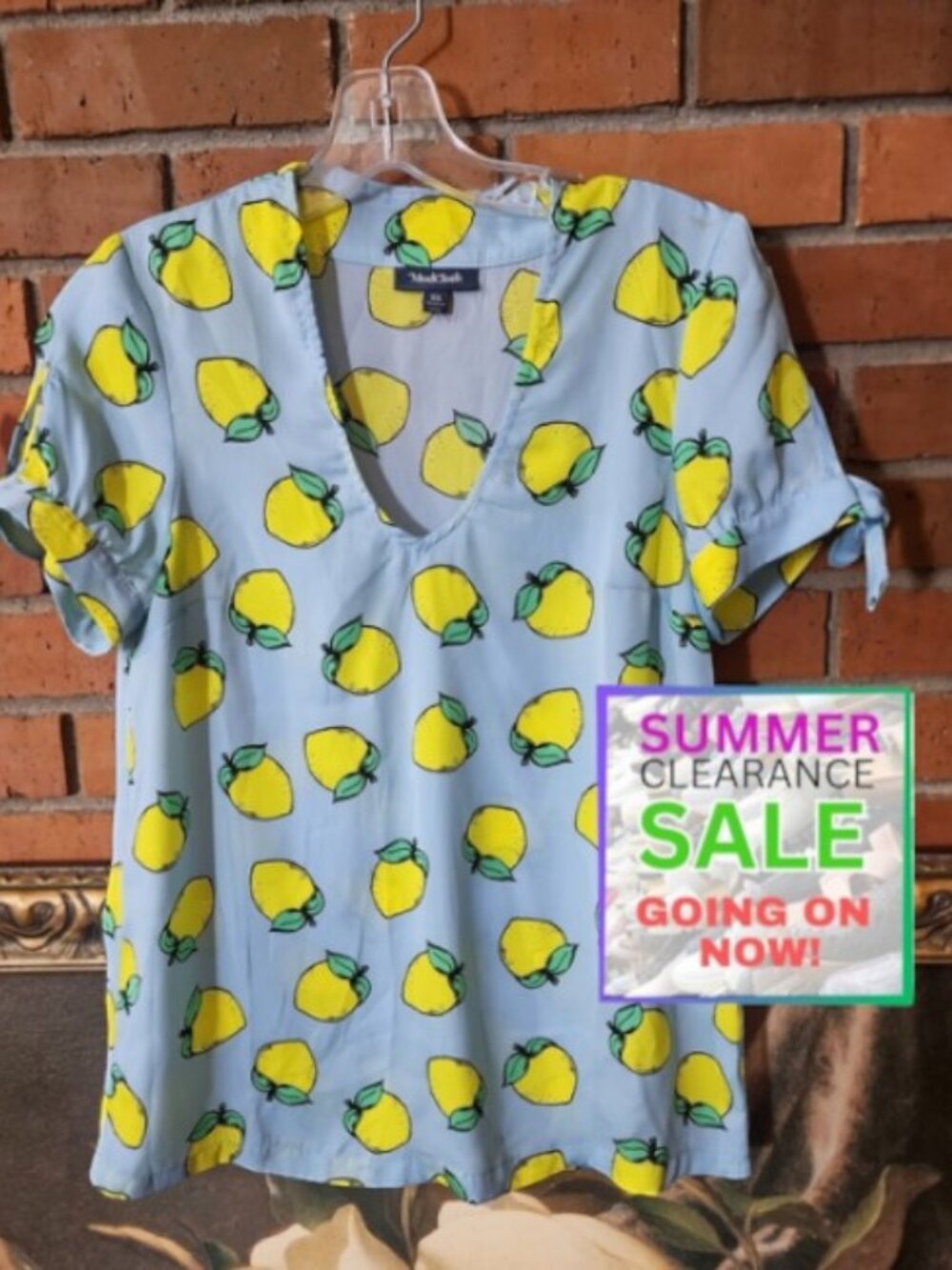 ModCloth Blue Lemon Print V-Neck Blouse Xs